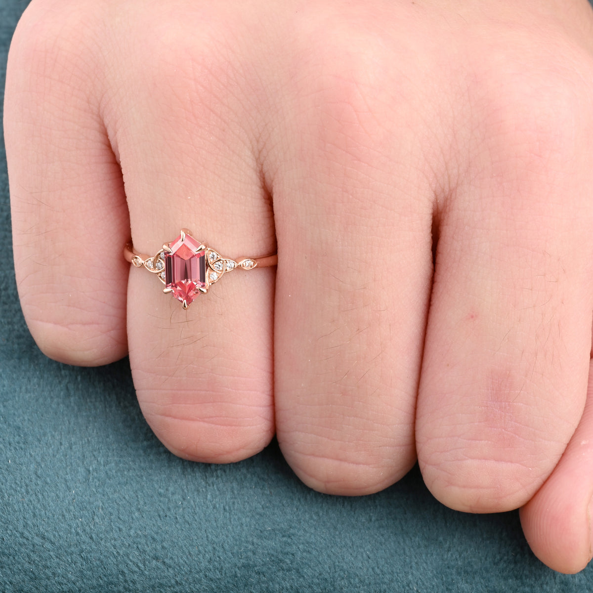 Unique Hexagon Pink Sapphire Ring Art Deco Wedding Ring Set Vintage Pink Agate Engagement Anniversary Ring