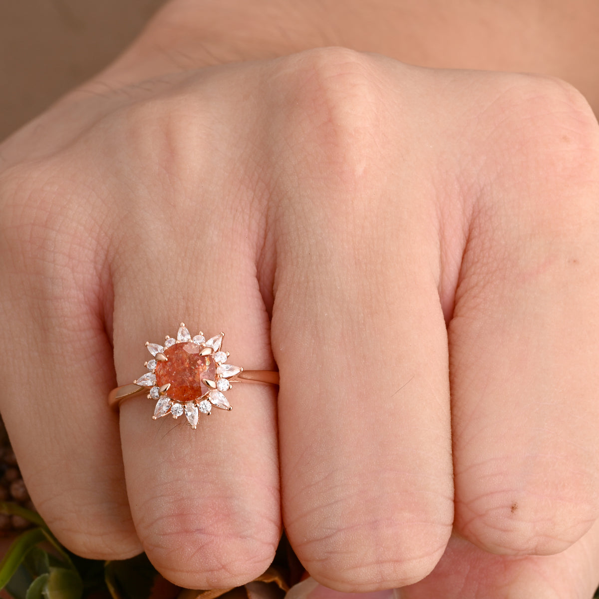 Vintage Sunstone Ring 14K Solid Gold Round Orange Gemstone Engagement Ring Unique Moissanite Halo Promise Ring Anniversary Gift For Women