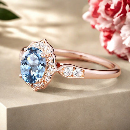 Vintage Aquamarine Engagement Ring Oval Shape Anniversary Ring Solid Gold Solitaire Ring for Women