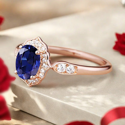 Vintage Blue Topaz Engagement Ring Oval Shape Anniversary Ring Solid Gold Solitaire Ring for Women
