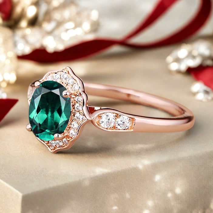 Vintage Emerald Engagement Ring Oval Shape Anniversary Ring Solid Gold Solitaire Ring for Women