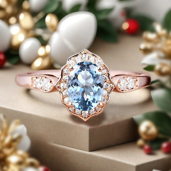 Vintage Aquamarine Engagement Ring Oval Shape Anniversary Ring Solid Gold Solitaire Ring for Women