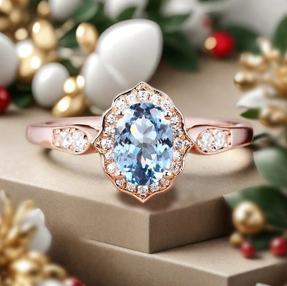 Vintage Aquamarine Engagement Ring Oval Shape Anniversary Ring Solid Gold Solitaire Ring for Women