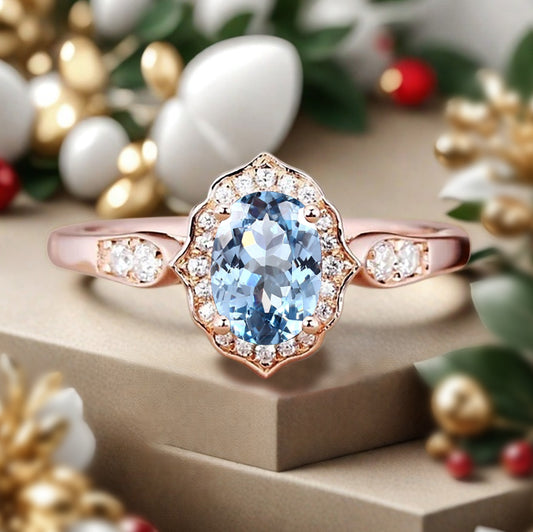 Vintage Aquamarine Engagement Ring Oval Shape Anniversary Ring Solid Gold Solitaire Ring for Women