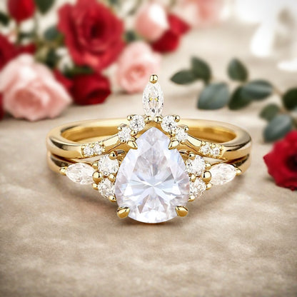 Bague de fiançailles vintage en forme de poire avec aigue-marine, ensemble de bagues de mariage uniques, cadeau d'anniversaire