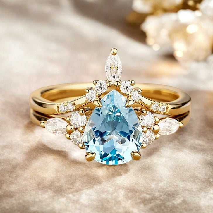 Bague de fiançailles vintage en forme de poire avec aigue-marine, ensemble de bagues de mariage uniques, cadeau d'anniversaire