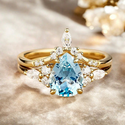 Bague de fiançailles vintage en forme de poire avec aigue-marine, ensemble de bagues de mariage uniques, cadeau d'anniversaire