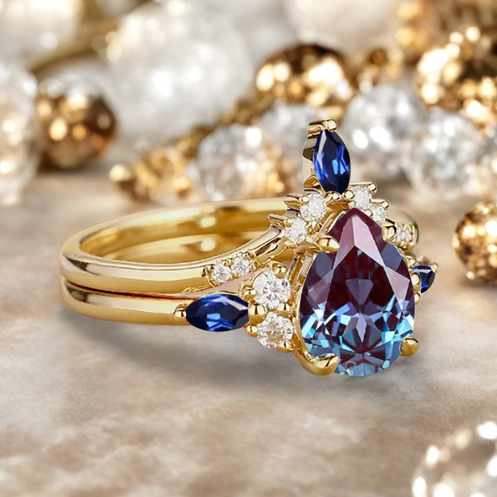 Bague de fiançailles vintage en forme de poire avec aigue-marine, ensemble de bagues de mariage uniques, cadeau d'anniversaire