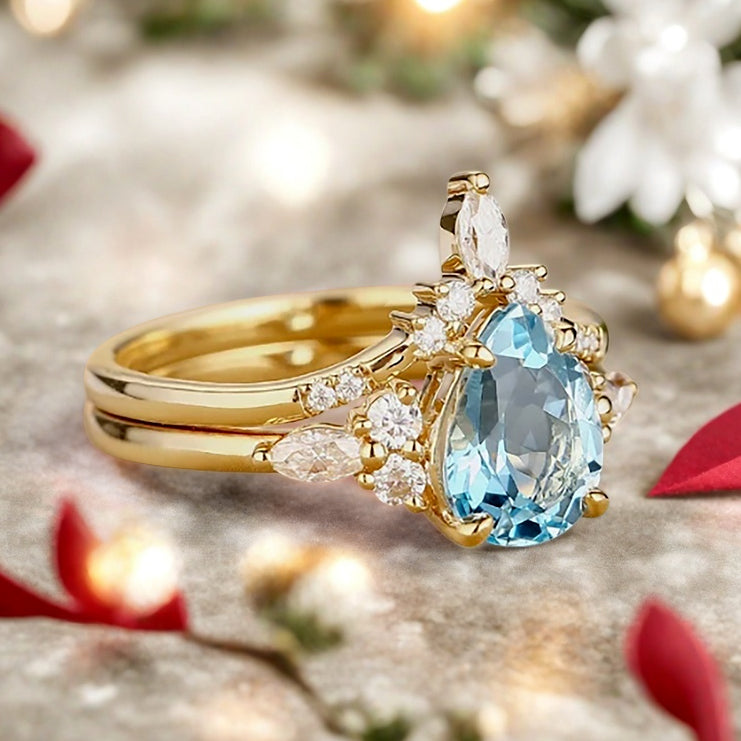 Bague de fiançailles vintage en forme de poire avec aigue-marine, ensemble de bagues de mariage uniques, cadeau d'anniversaire