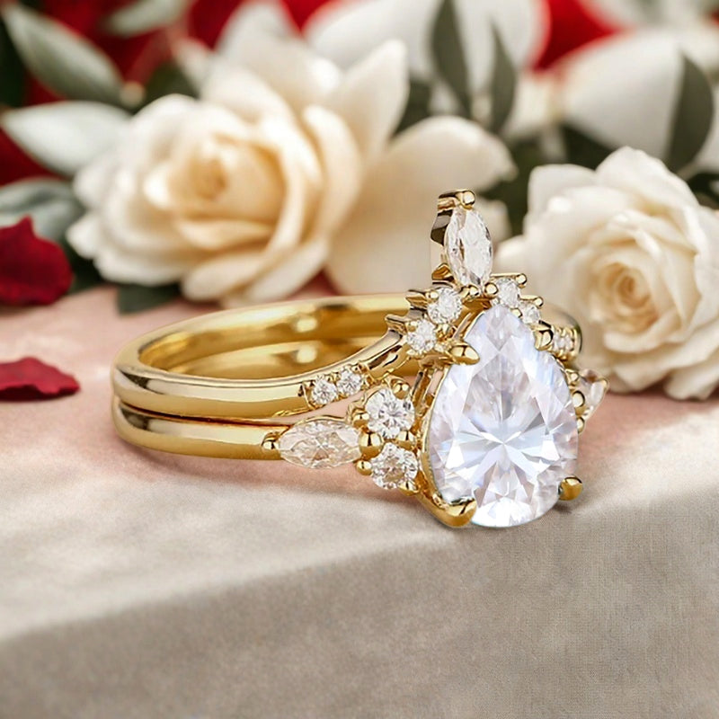 Bague de fiançailles vintage en forme de poire avec aigue-marine, ensemble de bagues de mariage uniques, cadeau d'anniversaire