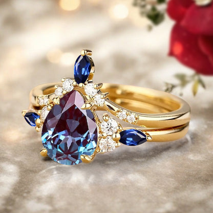 Bague de fiançailles vintage en forme de poire avec aigue-marine, ensemble de bagues de mariage uniques, cadeau d'anniversaire