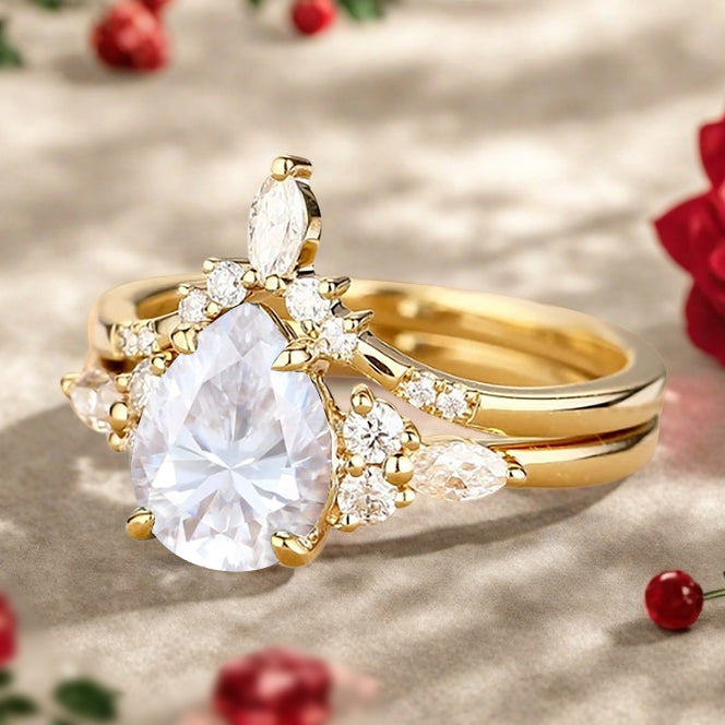 Bague de fiançailles vintage en forme de poire avec aigue-marine, ensemble de bagues de mariage uniques, cadeau d'anniversaire