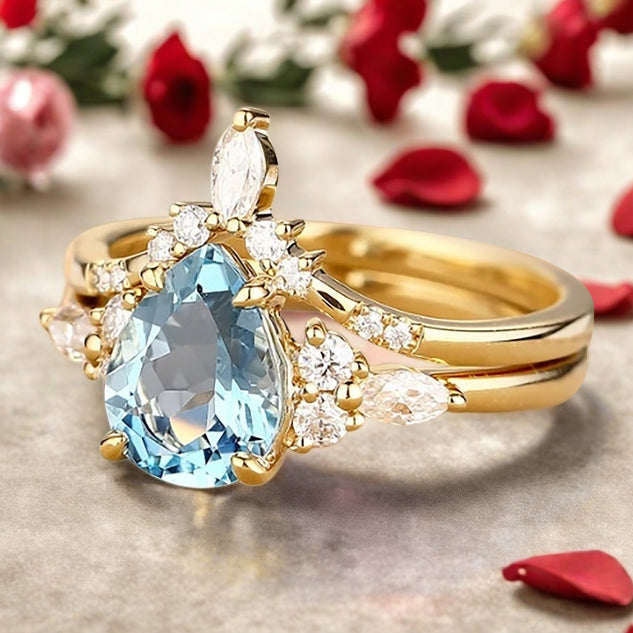 Bague de fiançailles vintage en forme de poire avec aigue-marine, ensemble de bagues de mariage uniques, cadeau d'anniversaire