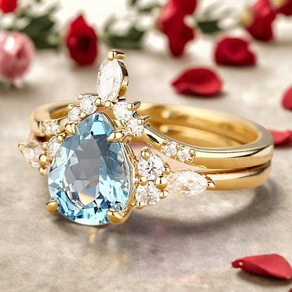 Bague de fiançailles vintage en forme de poire avec aigue-marine, ensemble de bagues de mariage uniques, cadeau d'anniversaire
