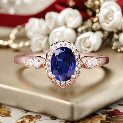 Vintage Blue Topaz Engagement Ring Oval Shape Anniversary Ring Solid Gold Solitaire Ring for Women
