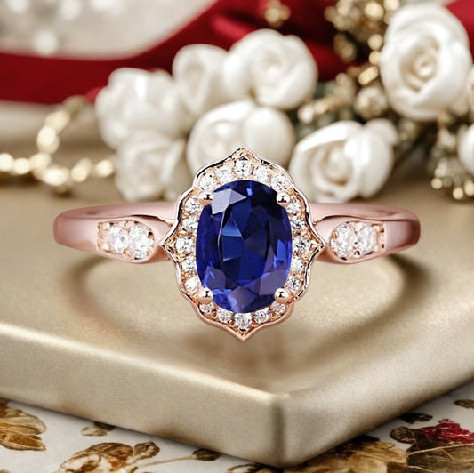 Vintage Blue Topaz Engagement Ring Oval Shape Anniversary Ring Solid Gold Solitaire Ring for Women