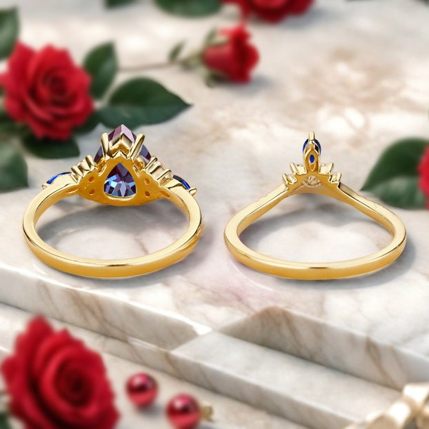Bague de fiançailles vintage en forme de poire avec aigue-marine, ensemble de bagues de mariage uniques, cadeau d'anniversaire
