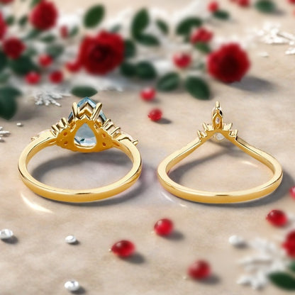 Bague de fiançailles vintage en forme de poire avec aigue-marine, ensemble de bagues de mariage uniques, cadeau d'anniversaire