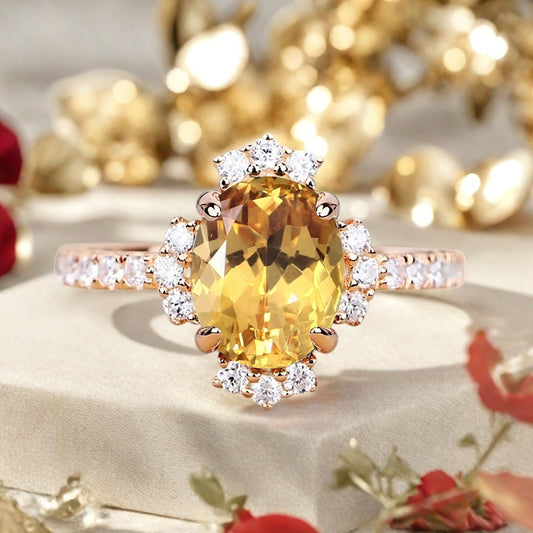Vintage Citrine Engagement Ring Oval Shape Anniversary Ring Solid Gold Moissanite Decorated Ring for Women