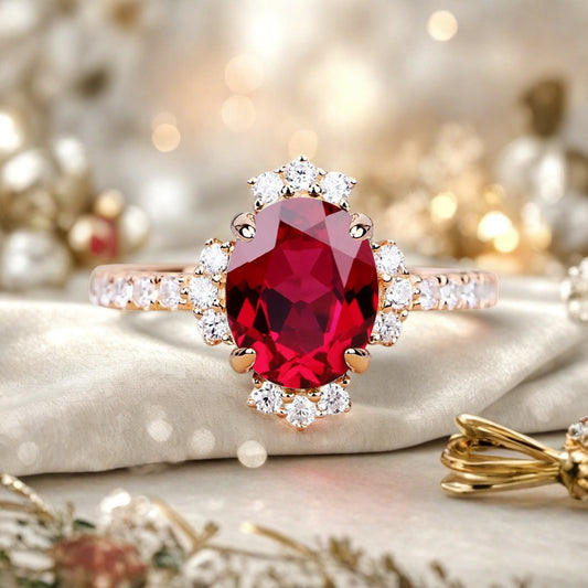 Vintage Ruby Engagement Ring Oval Shape Anniversary Ring Solid Gold Moissanite Decorated Ring for Women