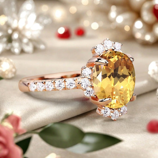 Vintage Citrine Engagement Ring Oval Shape Anniversary Ring Solid Gold Moissanite Decorated Ring for Women
