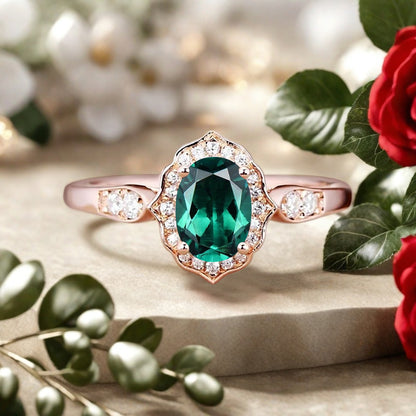 Vintage Emerald Engagement Ring Oval Shape Anniversary Ring Solid Gold Solitaire Ring for Women