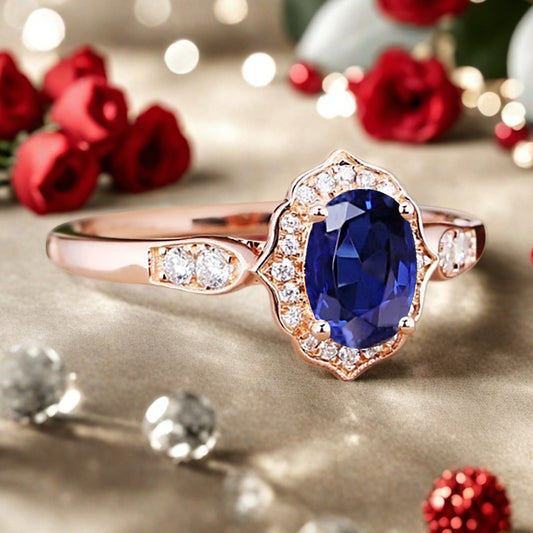 Vintage Blue Topaz Engagement Ring Oval Shape Anniversary Ring Solid Gold Solitaire Ring for Women
