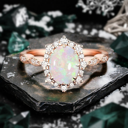 Vintage Opal Engagement Ring Oval Shape Anniversary Ring Solid Gold Solitaire Unique Opal Ring for Women