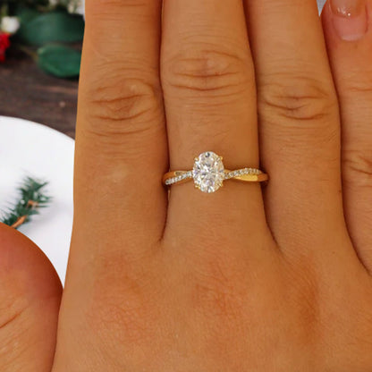 Oval Cut Petite Twist Vine Moissanite Engagement Ring 14k Yellow Gold Art Nouveau inspired with pave moissanite accents ideal for women