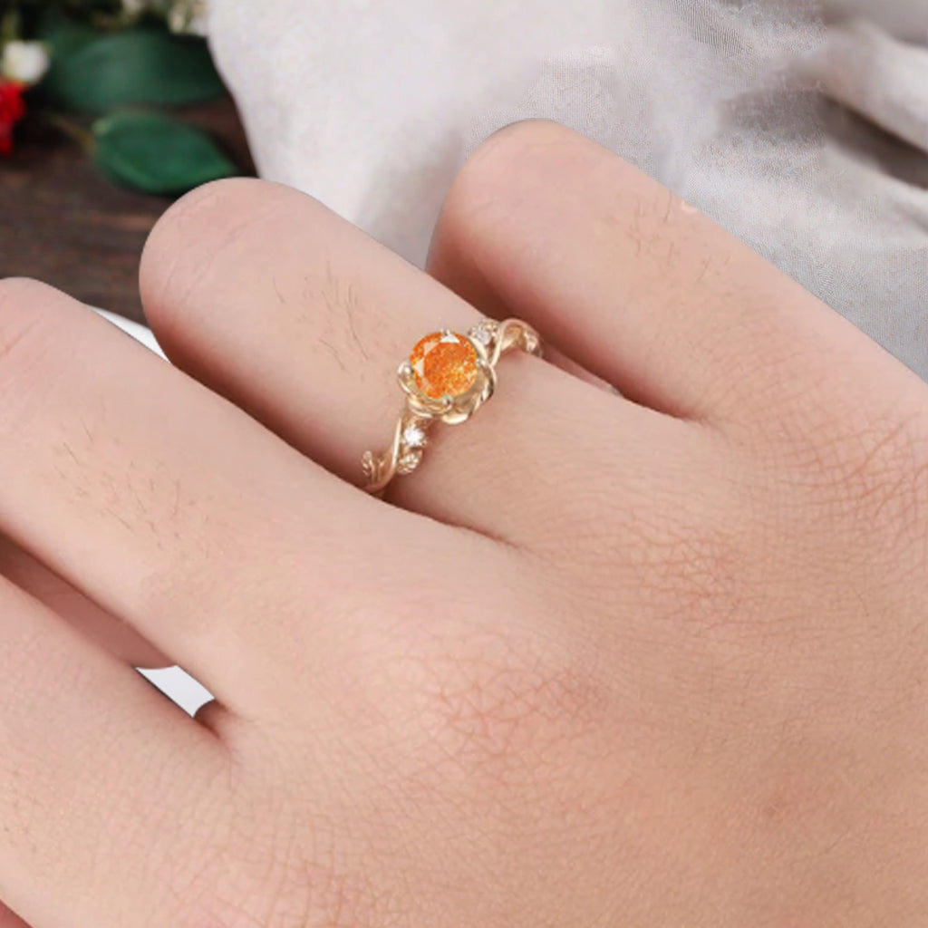 Vintage Sunstone Ring Solid Gold Round Orange Sunstone Flower Leaf Engagement Ring Unique Moissanite Art Deco Promise Ring Anniversary Gift