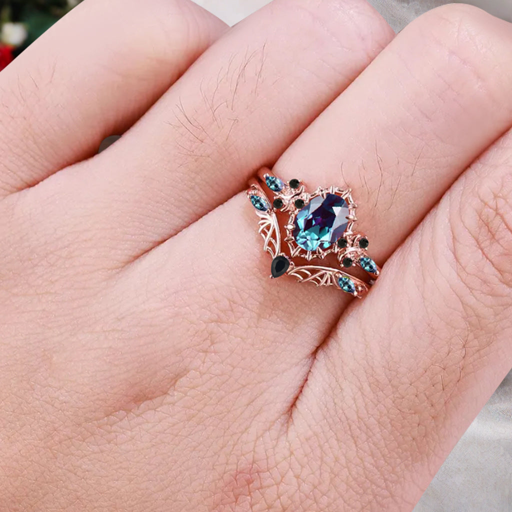 Vintage Oval Cut Lavender Alexandrite Engagement Ring Set Women Unique Rose Gold Black Onyx Bridal Wedding Ring Set Anniversary Gift