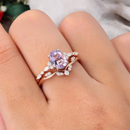 Oval Cut Amethyst Engagement Women Ring Vintage Violet Amethyst Rose Gold Art Deco Diamond Cluster Bridal Anniversary Wedding Ring Set