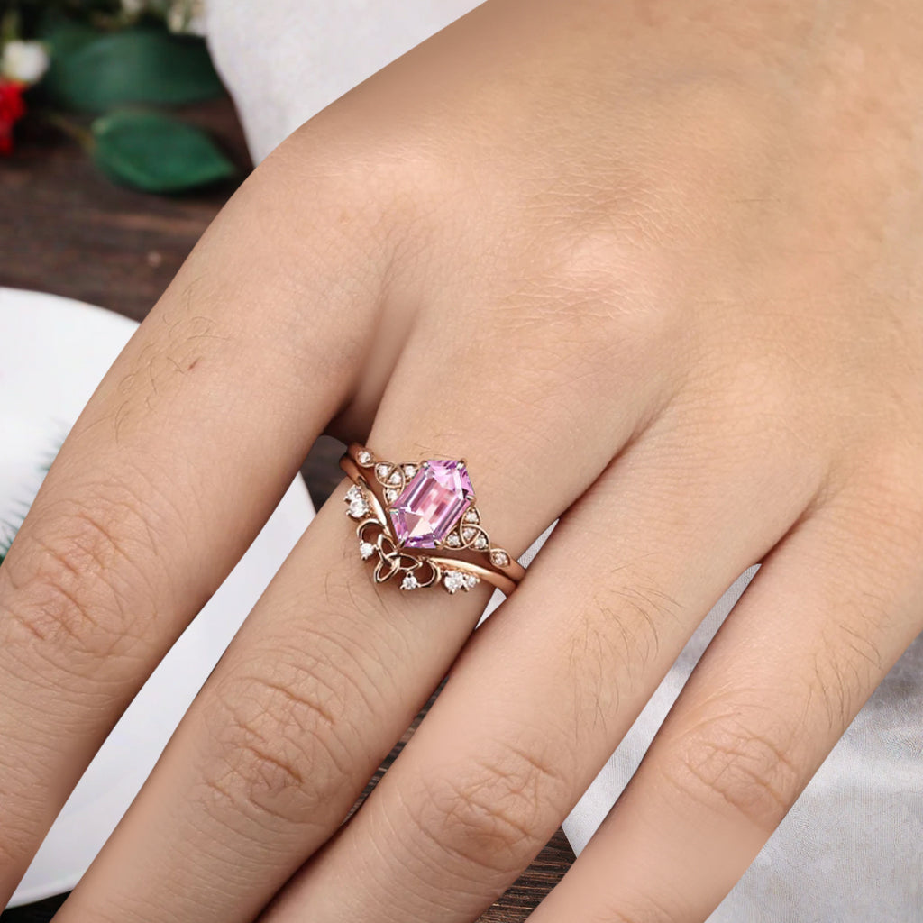 Unique Hexagon Pink Sapphire Ring Art Deco Wedding Ring Set Vintage Pink Agate Engagement Anniversary Ring