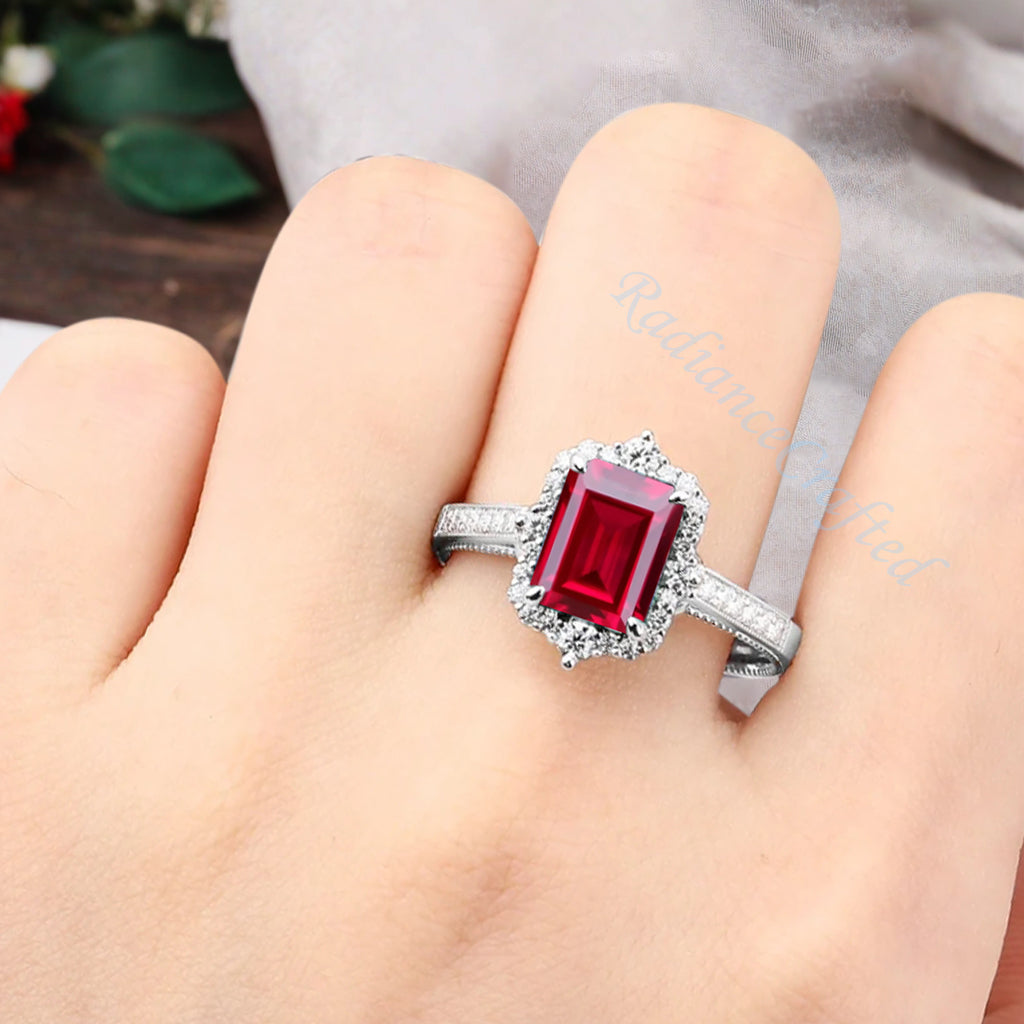 Ruby Emerald Cut Ring Art Deco Handmade Octagon Gemstone Engagement Ring Personalized Jewelry Gift