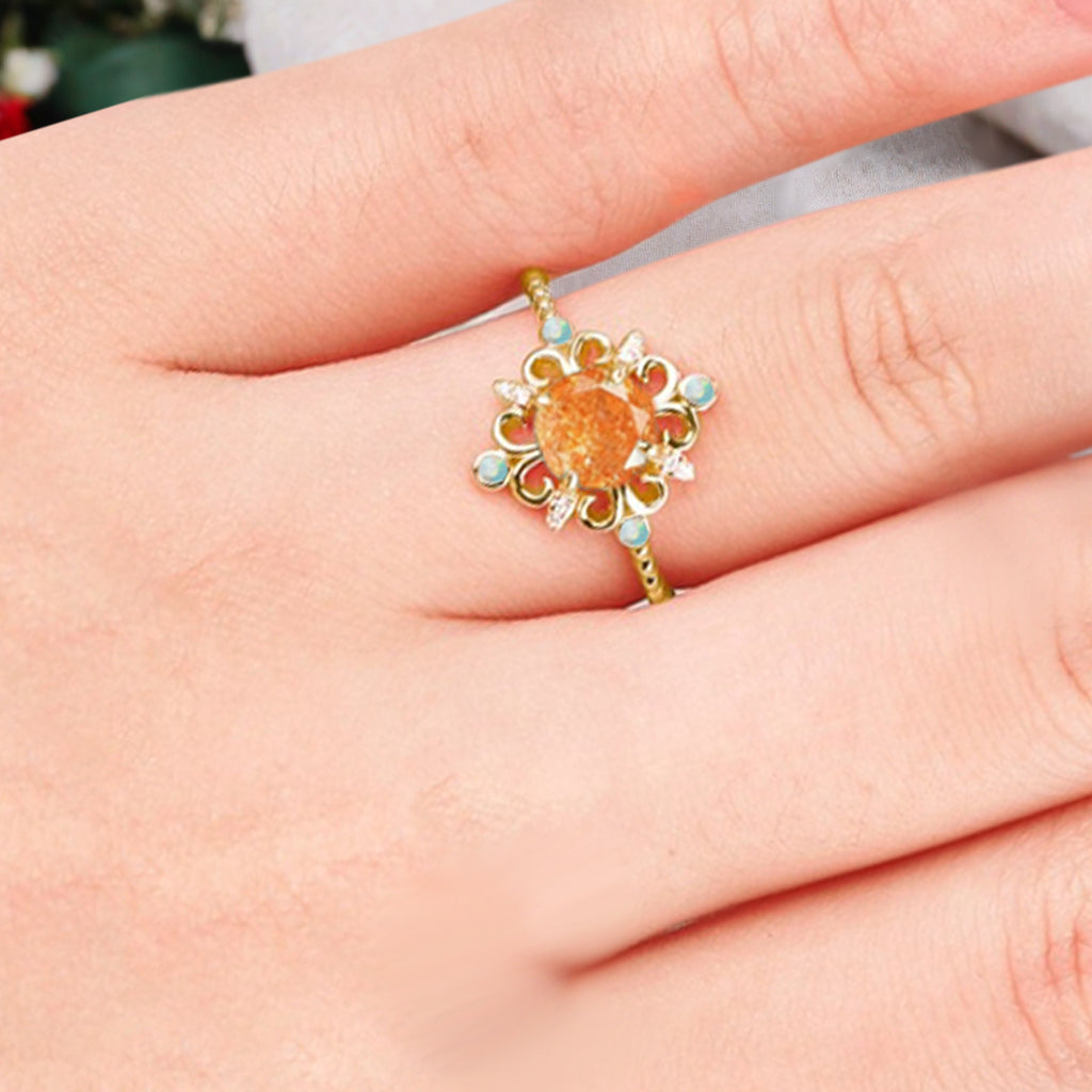 Vintage Round Sunstone Engagement Ring Solid Rose Gold Leaf Ring Orange Sunstone Bridal Ring Unique Promise Anniversary Gift
