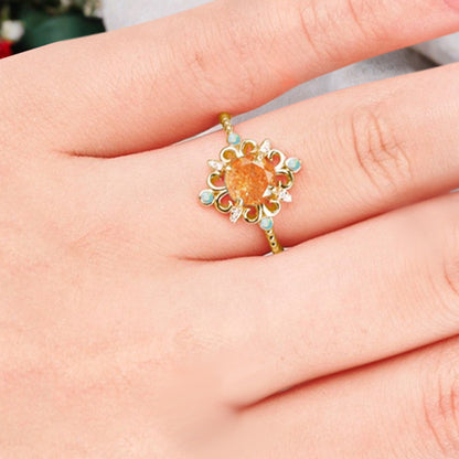 Vintage Round Sunstone Engagement Ring Solid Rose Gold Leaf Ring Orange Sunstone Bridal Ring Unique Promise Anniversary Gift