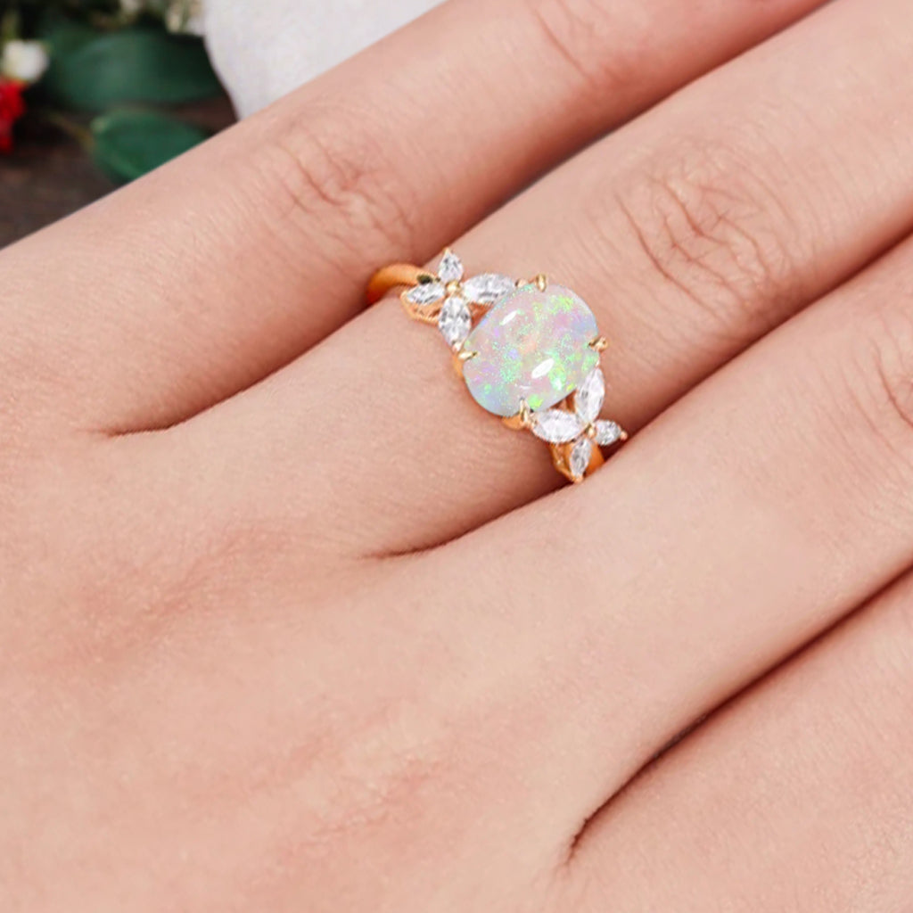 Vintage Oval Mondstein Verlobungsring Unikat Opal Moissanit Versprechensring