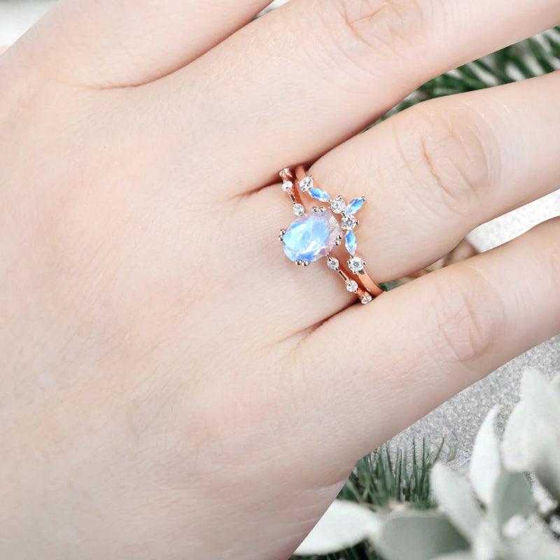 Vintage Oval Shape Moonstone Enhancer Ring Set Unique Moon Gemstone Promise Bridal Ring Set