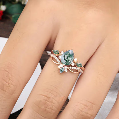 Vintage Pear Shape Moss Agate Engagement Ring Set Unique Gemstone Promise Bridal Ring Set Anniversary Gift