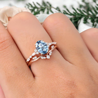 Oval Cut Blue Aquamarine Engagement Women Ring Vintage Aquamarine Rose Gold Art Deco Diamond Cluster Bridal Anniversary Wedding Ring Set