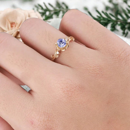 Vintage Amethyst Ring Solid Gold Round Violet Amethyst Flower Leaf Engagement Ring Unique Moissanite Art Deco Promise Ring Anniversary Gift