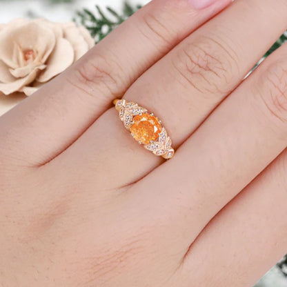 Round Cut Sunstone Engagement Ring Leaf Marquise Moissanite Vintage Sunstone Wedding Floral Ring Promise Anniversary Gift