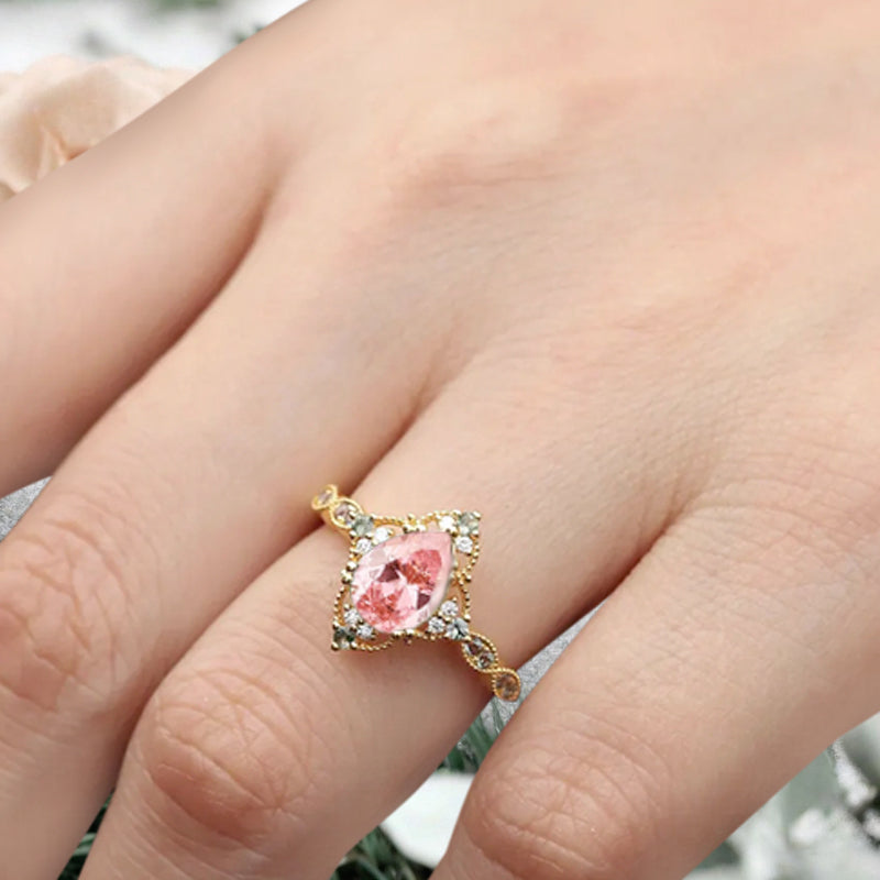 Vintage Pink Sapphire Engagement Ring Pear Shape Pink Gemstone Anniversary Ring Solid Gold Solitaire Unique Pink-Sapphire Ring for Women