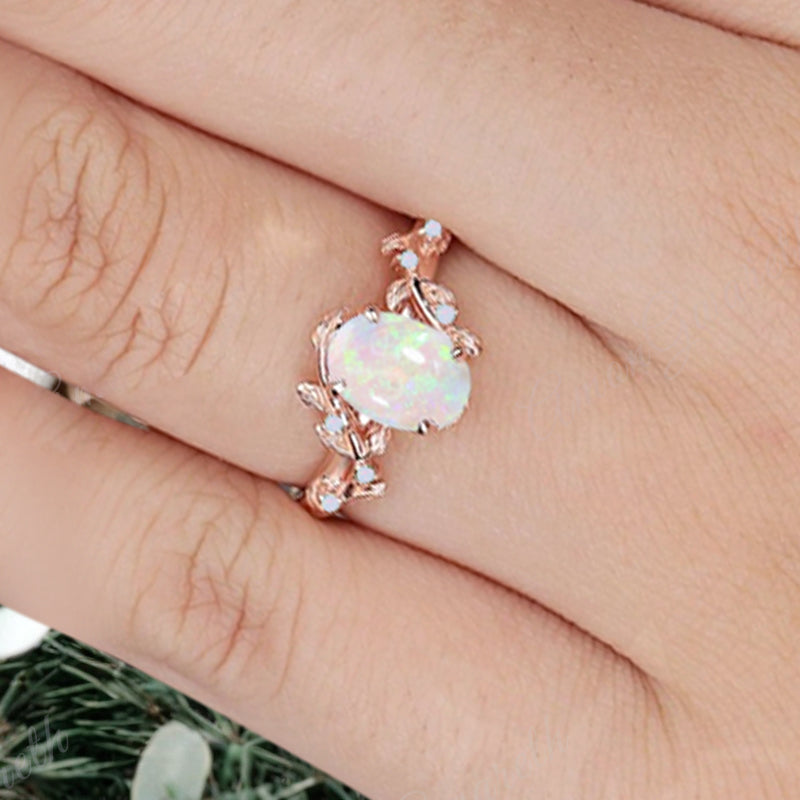 Vintage Oval Cut Opal Engagement Ring Branch Ring Art Deco Opal Wedding Ring Solid 18k Rose Gold Leaf Ring Bridal Promise Ring Gift For Her