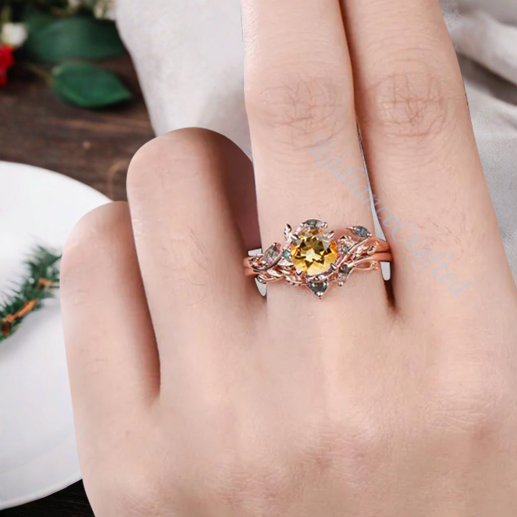 1ct Round Nature Inspired Flower Natural Citrine Wedding Ring Set Rose Gold Citrine Moss Agate Bridal Ring Set Unqiue Gift