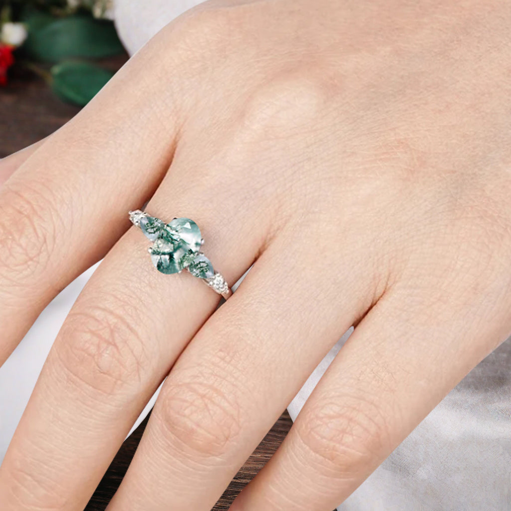 Bague de fiançailles vintage ovale en pierre de lune, bague de promesse unique en opale et moissanite