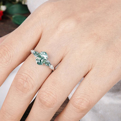 Bague de fiançailles vintage ovale en pierre de lune, bague de promesse unique en opale et moissanite