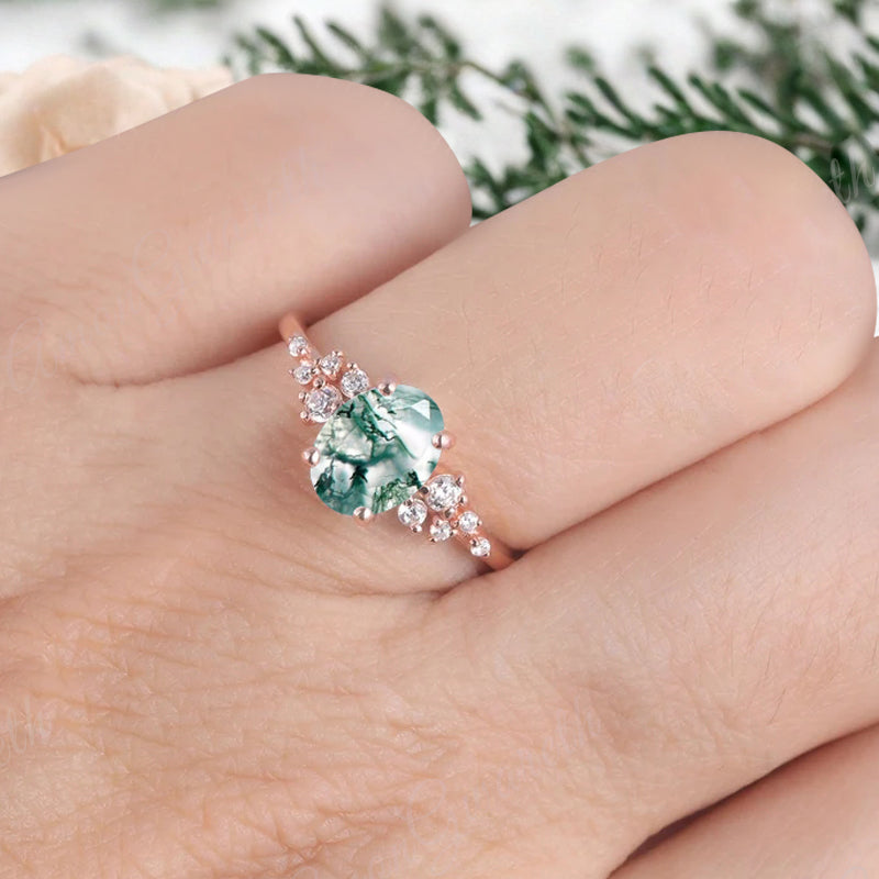 Vintage Moss Agate Ring Solid 10k Rose Gold Ring Solitaire Ring Oval Cut Green Agate Engagement Ring Anniversary Gift Ring For Her