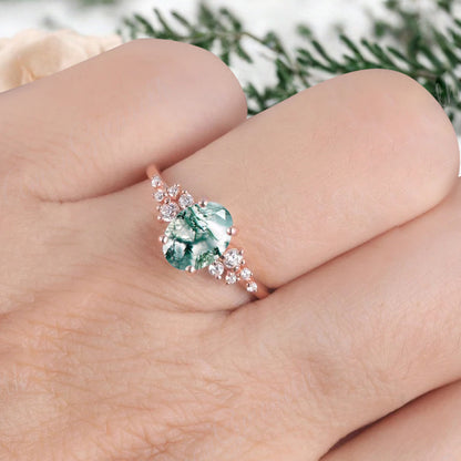 Vintage Moss Agate Ring Solid 10k Rose Gold Ring Solitaire Ring Oval Cut Green Agate Engagement Ring Anniversary Gift Ring For Her