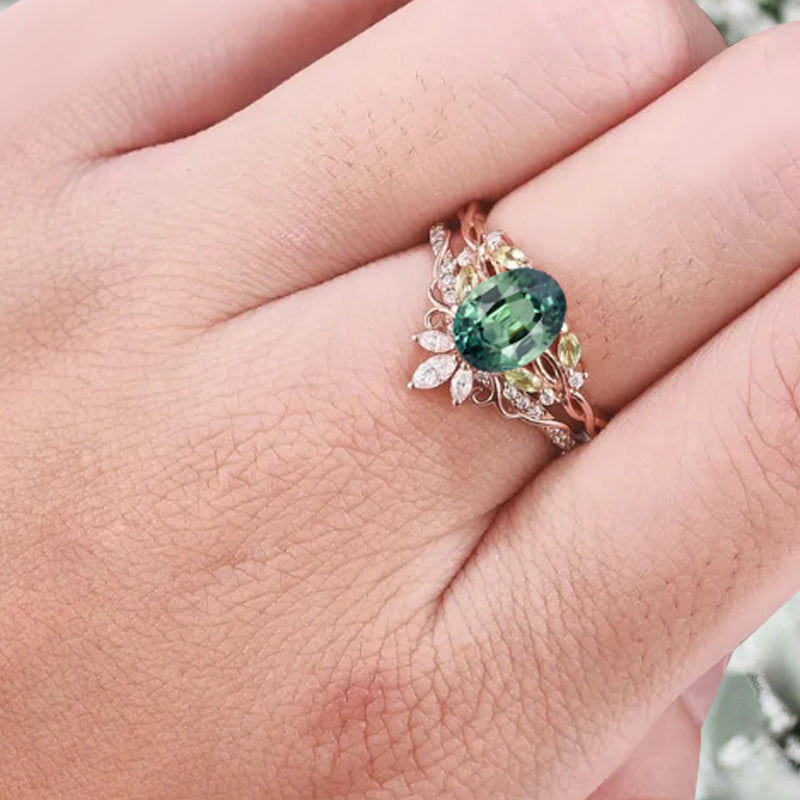 Unique Oval Cut Tsavorite Engagement Ring Set Vintage Rose Gold Art Deco Cluster Peridot Moissanite Bridal Wedding Ring Set Gifts